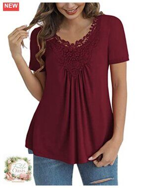 Plus Size Lace Trim V-Neck Short Sleeve Rayon Tunic Blouse